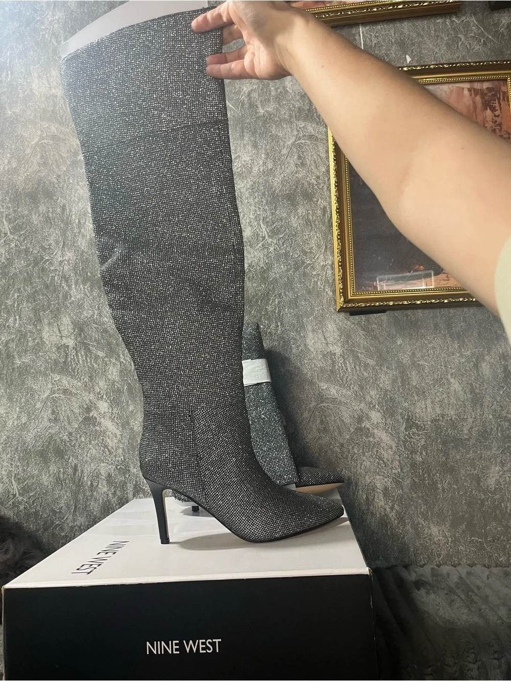 Nine West Sparkle Black Over-the-Knee Pointed Stiletto Boots